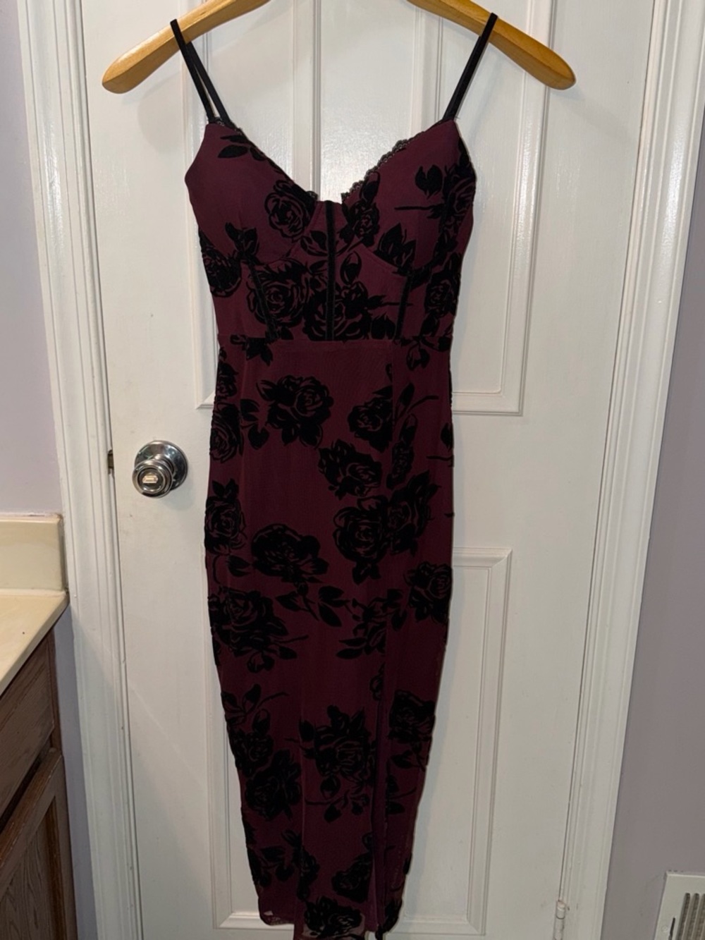 Windsor Red/Burgundy Midi Slip Dress with Black Floral
